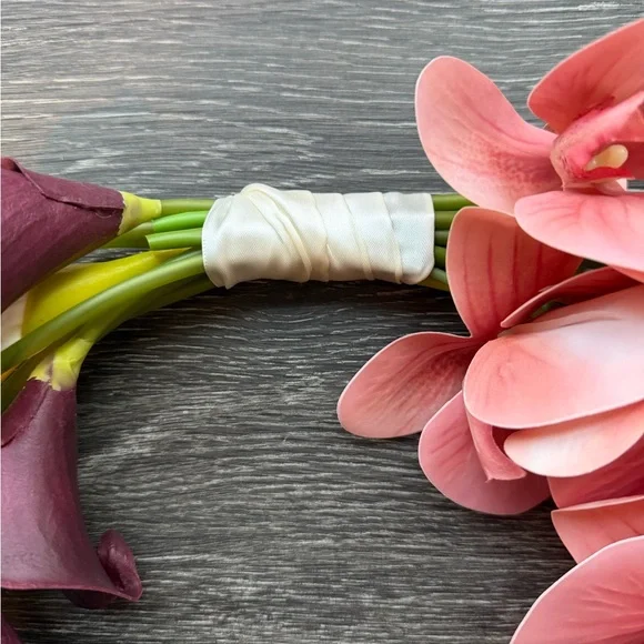 Curved Bridal Bouquet Pink Orchid and Purple Calla Lilies - Picture 7 of 10